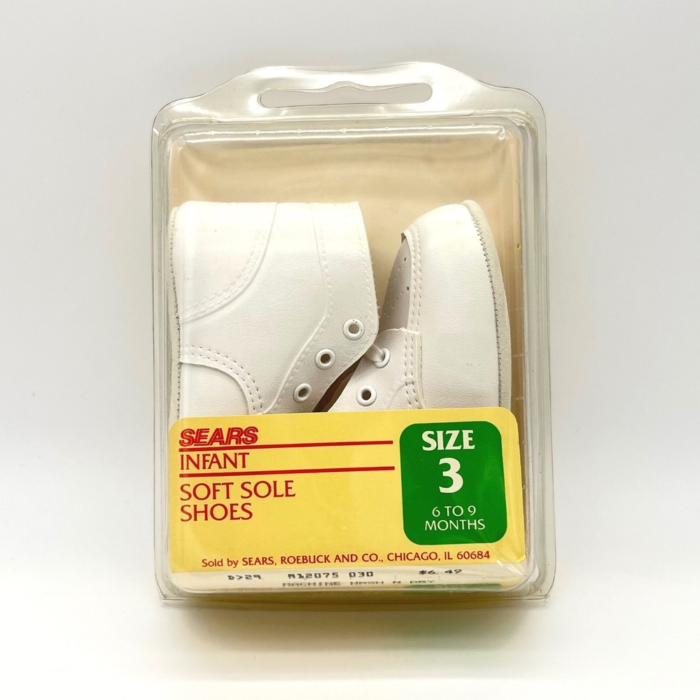 Vintage Sears Infant Soft Sole Shoes White Crib Shoes Size 3 NOS 6-9 Months